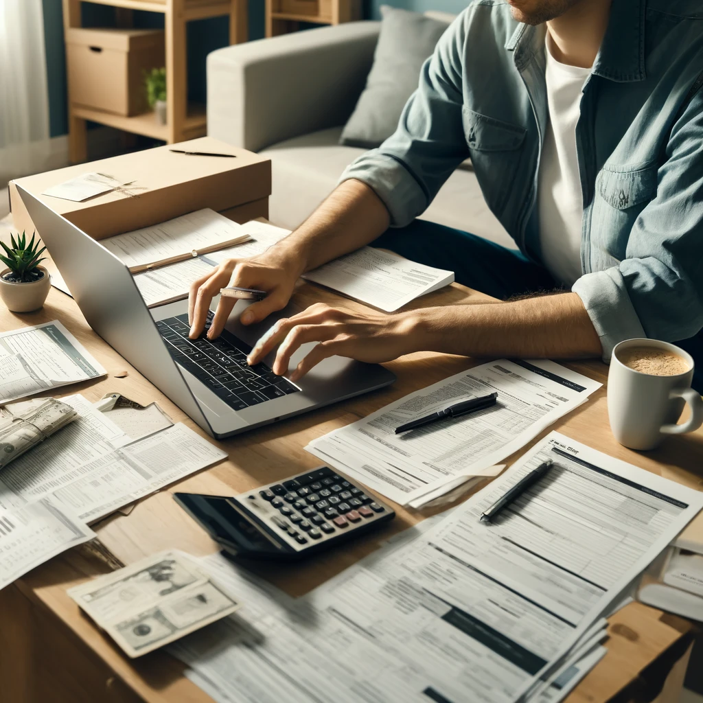 DALL·E 2025-04-18 12.31.53 - A person sitting at a desk filled with paperwork, looking at a laptop screen displaying tax forms. There are several documents, a calculator, a pen, a.webp