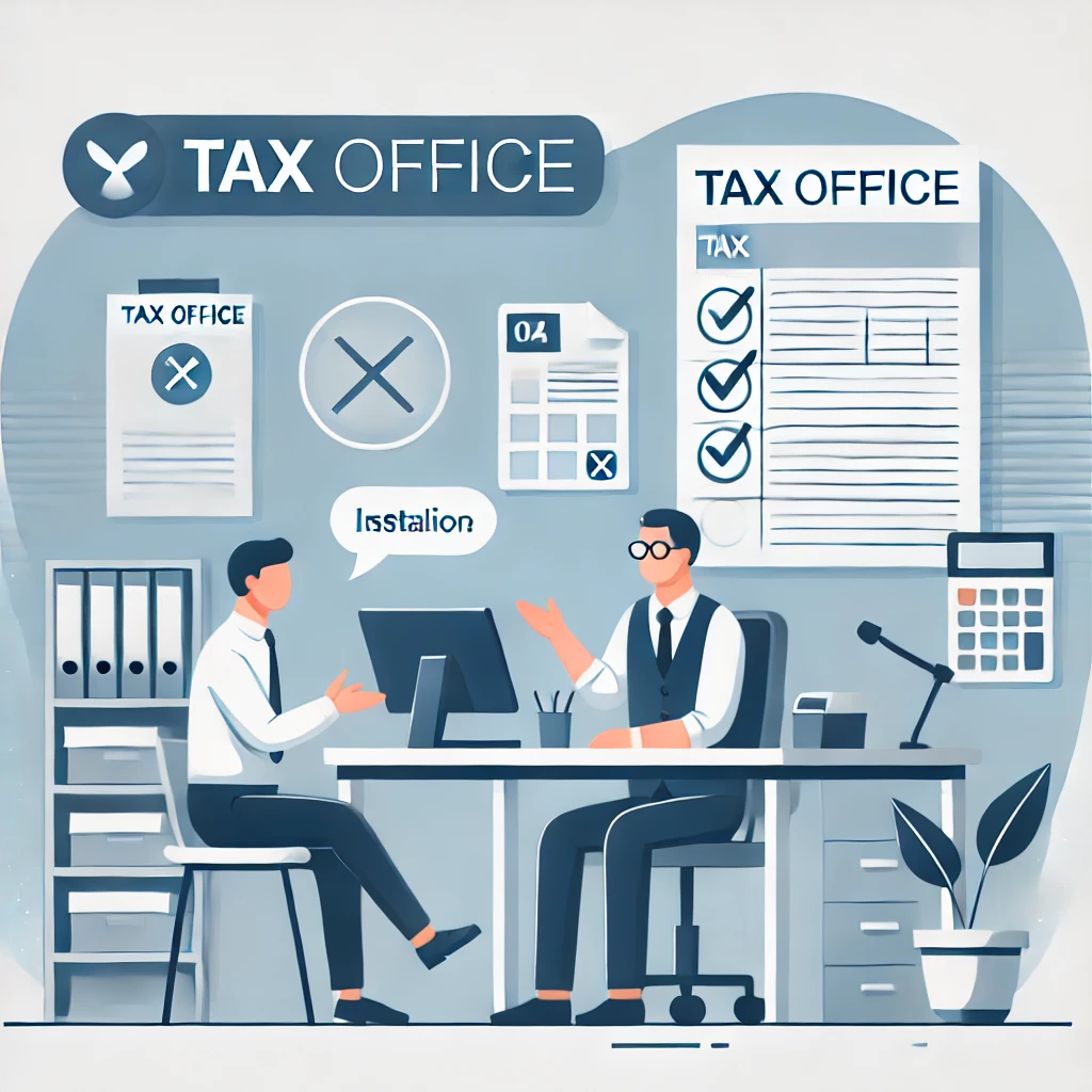 DALL·E 2025-04-18 12.42.53 - An informative image showing a consultation between a person and a tax advisor at a tax office. The scene should depict a professional, yet approachab.webp